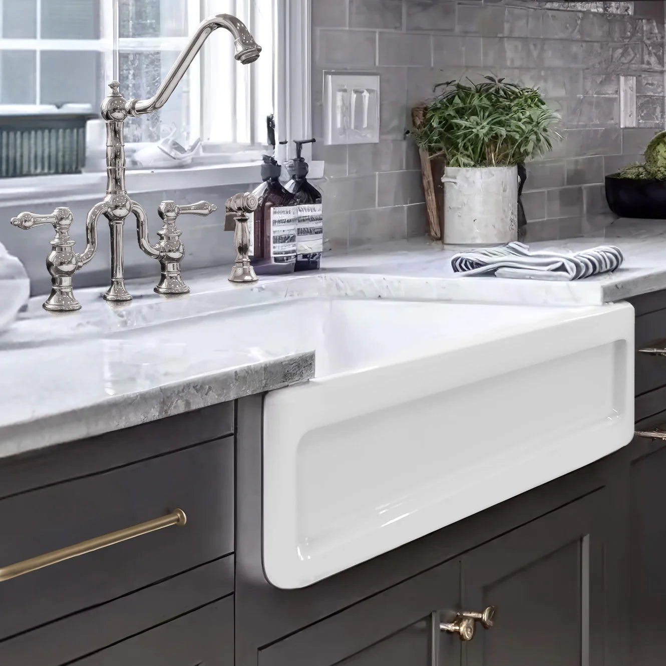 WHITEHAUS 33" Shakerhaus Reversible Kitchen Fireclay Sink WHQ5550 showcased in a modern kitchen setting.