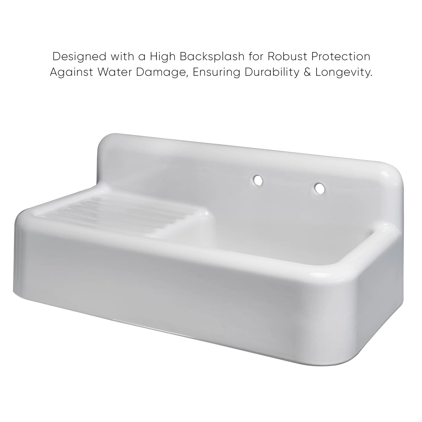 WHITEHAUS 42" Heritage Front Apron Single Bowl Fireclay Sink WHQD4220 showing high backsplash design for durability.