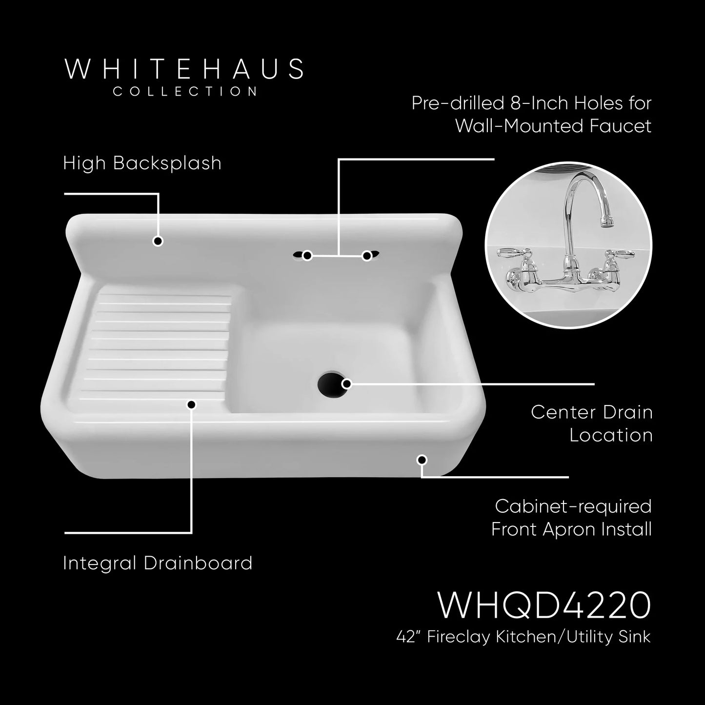 WHITEHAUS 42" Heritage Front Apron Single Bowl Fireclay Sink WHQD4220 features high backsplash and integral drainboard.