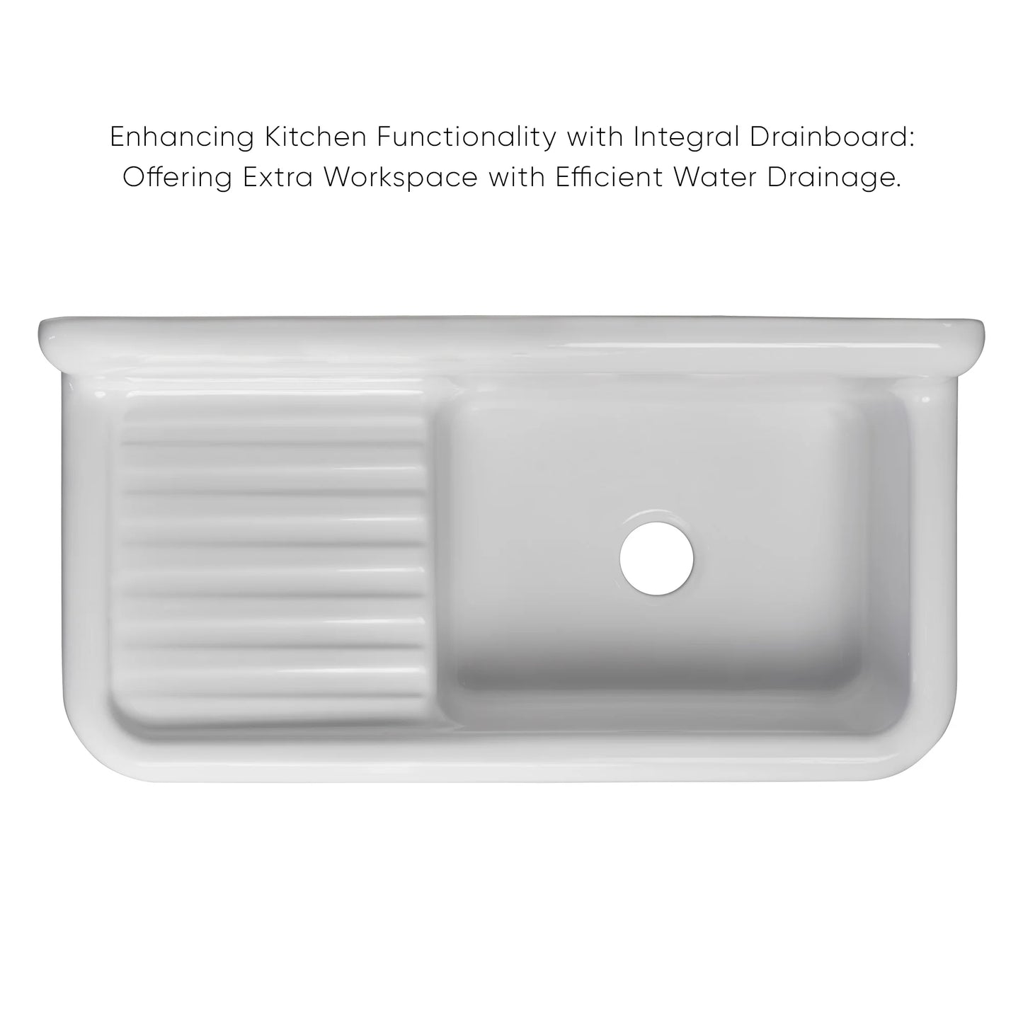 WHITEHAUS 42" Heritage Front Apron Single Bowl Fireclay Sink WHQD4220 with integral drainboard for enhanced workspace.