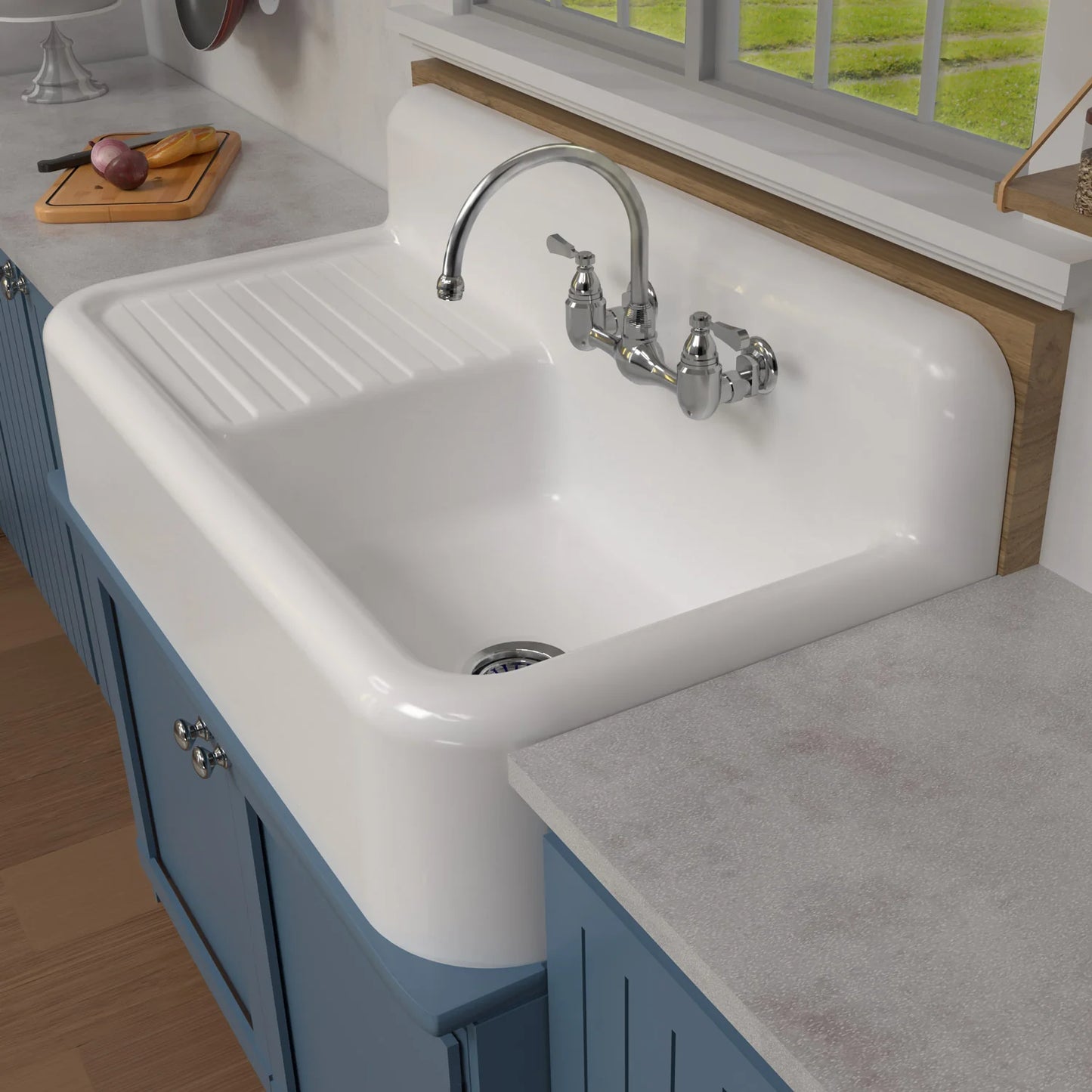 WHITEHAUS 42" Heritage Front Apron Single Bowl Fireclay Sink WHQD4220 installed in a stylish kitchen.