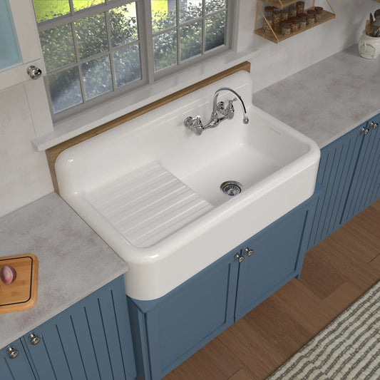 WHITEHAUS 42" Heritage Front Apron Single Bowl Fireclay Sink WHQD4220 in a modern kitchen setting.