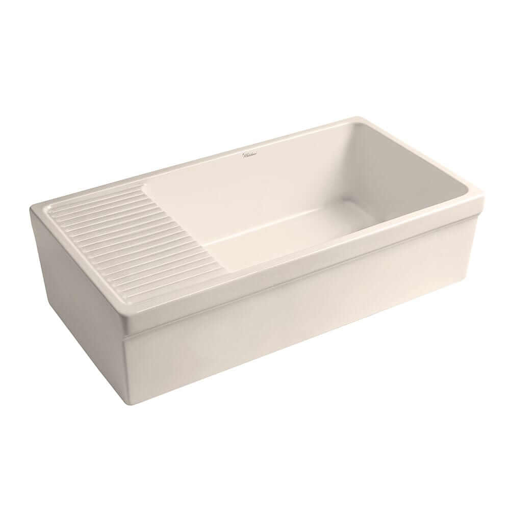 WHITEHAUS 36" Farmhaus Quatro Alcove Large Reversible Matte Fireclay Kitchen Sink WHQD540 shown from the side with drainboard.