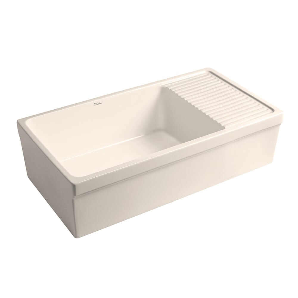 WHITEHAUS 36" Farmhaus Quatro Alcove Large Reversible Matte Fireclay Kitchen Sink WHQD540 shown from a slight angle with integral drainboard.