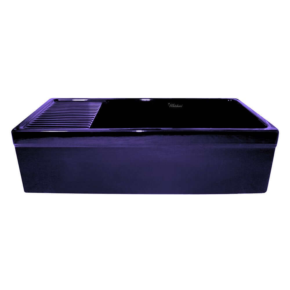 WHITEHAUS 36" Farmhaus Quatro Alcove Large Reversible Matte Fireclay Kitchen Sink WHQD540 in blue, side view with drainboard.