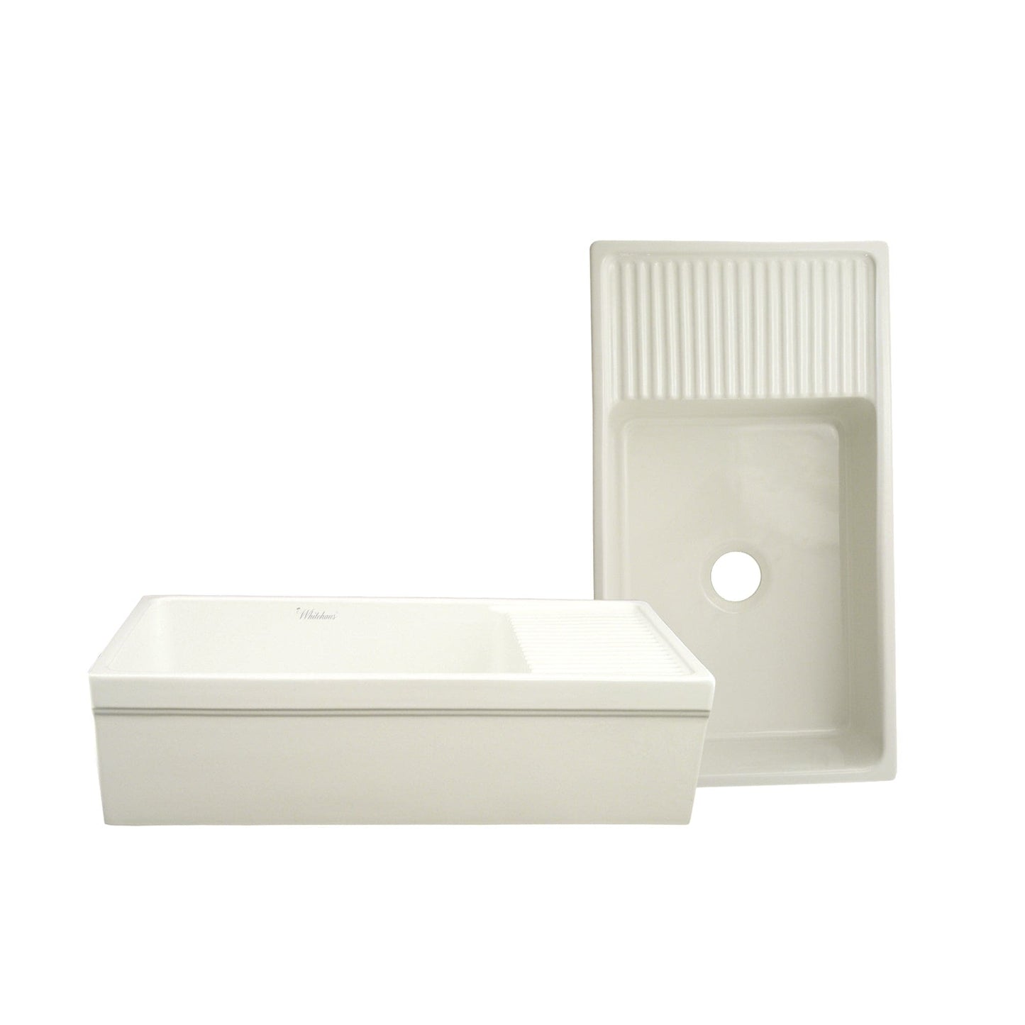 WHITEHAUS 36" Farmhaus Quatro Alcove Large Reversible Matte Fireclay Kitchen Sink WHQD540, displayed from a front side angle.