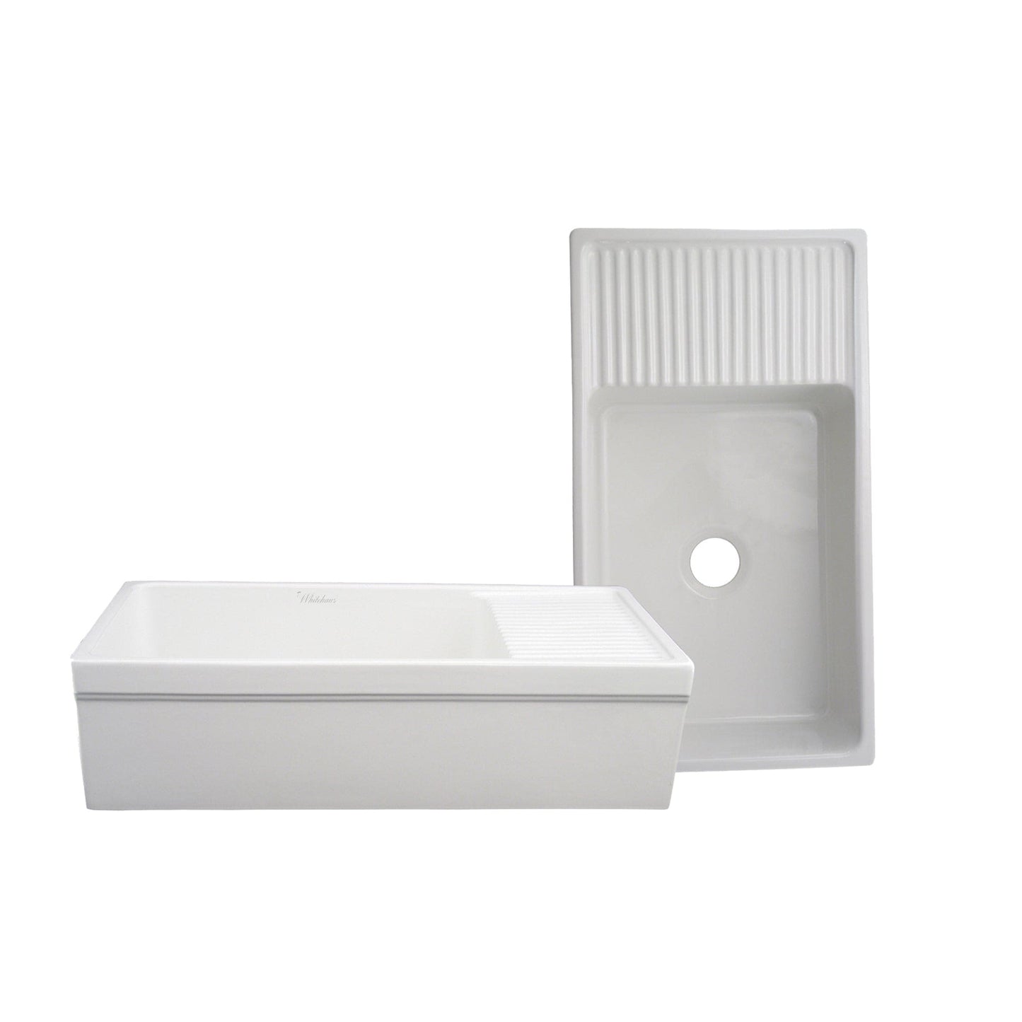 WHITEHAUS 36" Farmhaus Quatro Alcove Large Reversible Matte Fireclay Kitchen Sink WHQD540 displayed from a front angle with integral drainboard.
