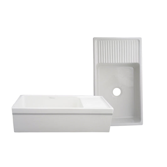 WHITEHAUS 36" Farmhaus Quatro Alcove Large Reversible Matte Fireclay Kitchen Sink WHQD540 displayed from a front angle with integral drainboard.