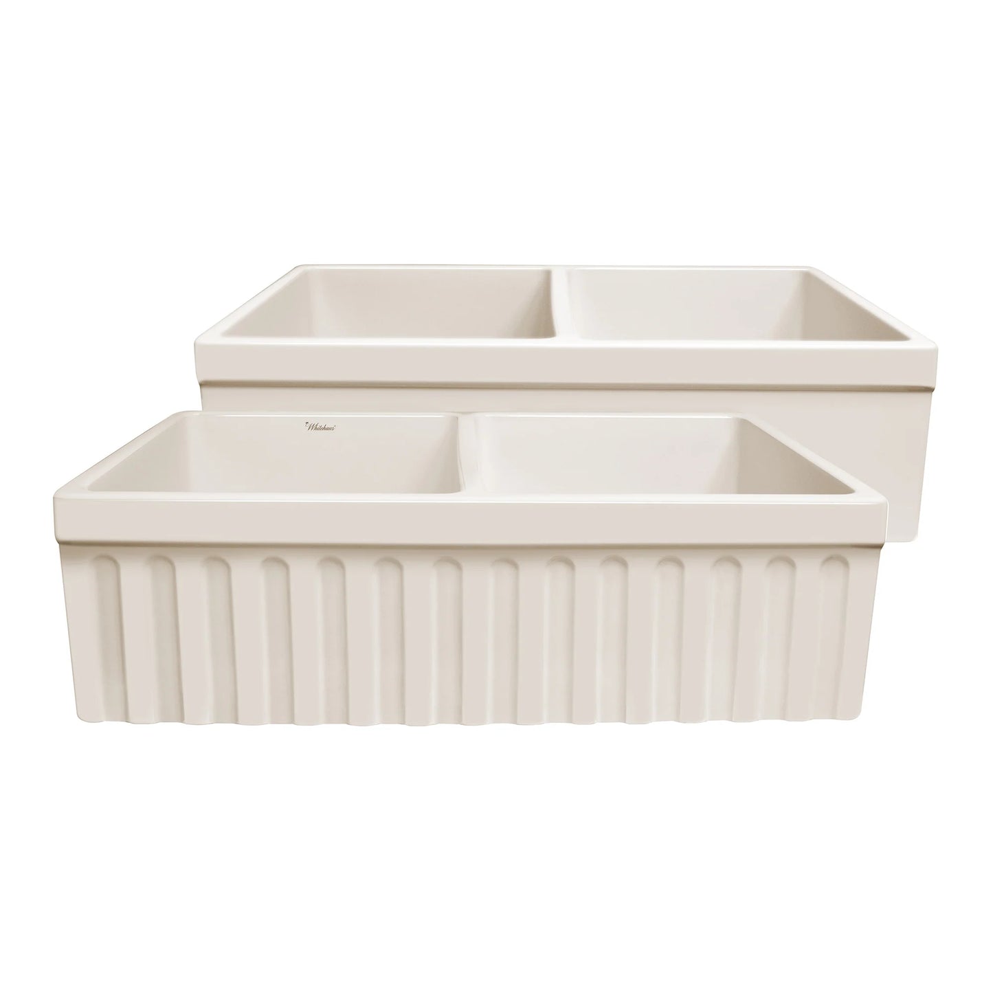 View of the WHITEHAUS 33" Farmhaus Quatro Alcove Reversible Matte Double Bowl Fireclay Kitchen Sink WHQDB332 in biscuit color.