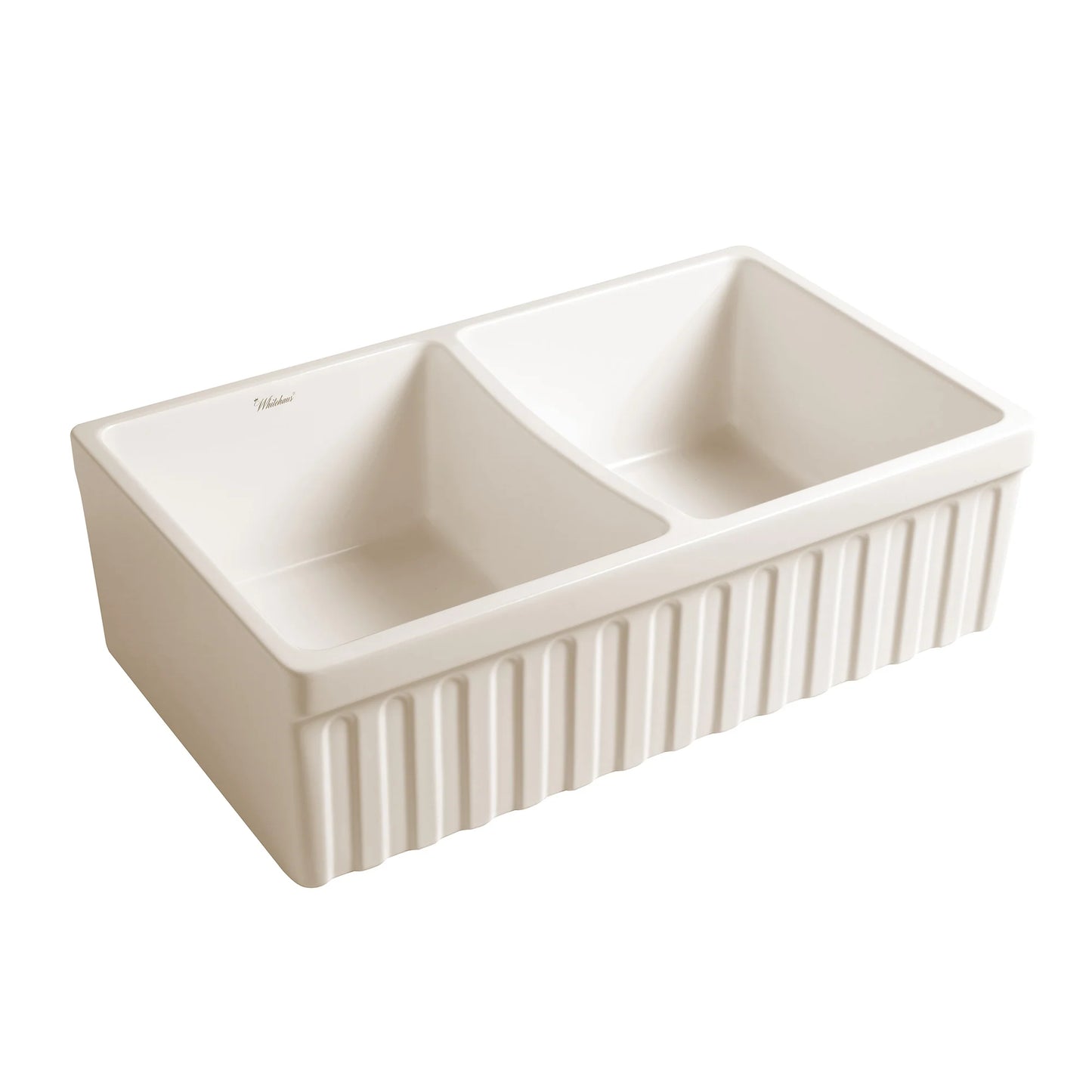 Front view of WHITEHAUS 33" Farmhaus Quatro Alcove Reversible Matte Double Bowl Fireclay Kitchen Sink WHQDB332.