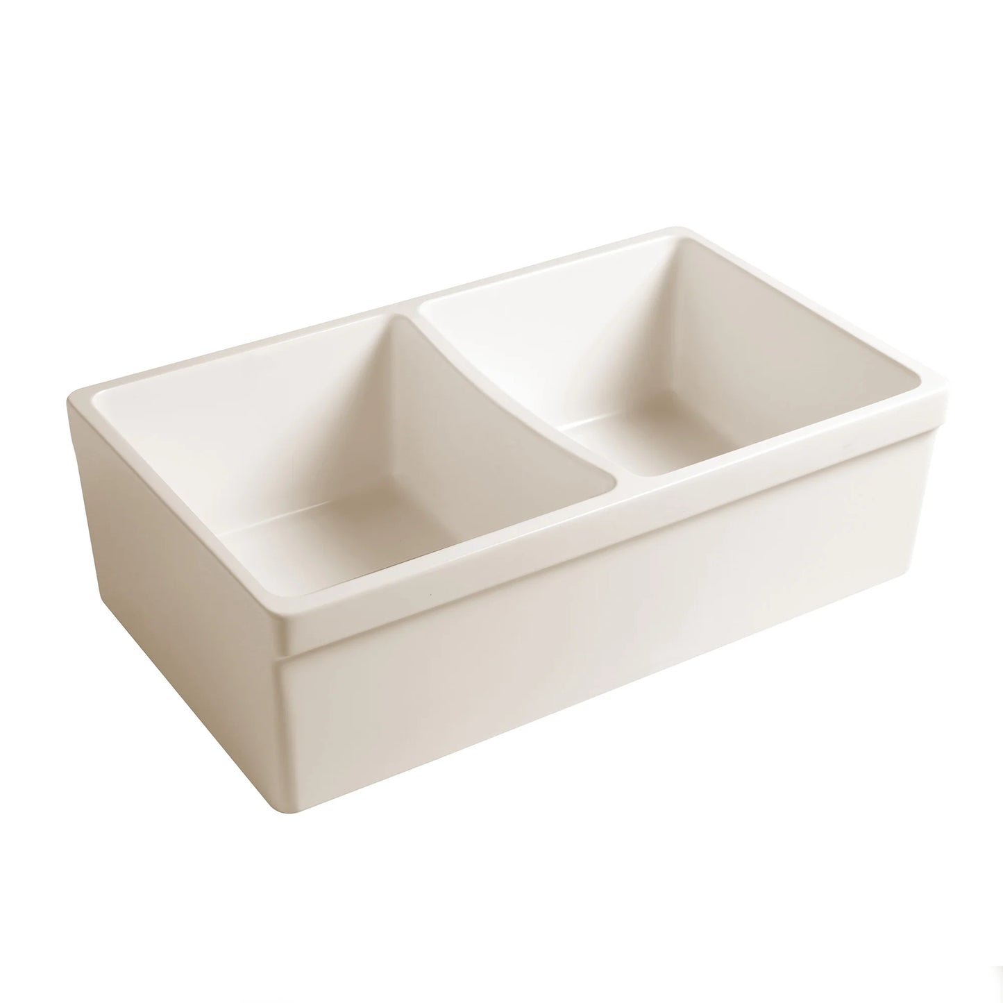 WHITEHAUS 33" Farmhaus Quatro Alcove Reversible Matte Double Bowl Fireclay Kitchen Sink WHQDB332 side view showcasing the sleek design.