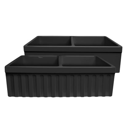 WHITEHAUS 33" Farmhaus Quatro Alcove Reversible Matte Double Bowl Fireclay Kitchen Sink WHQDB332 in black, showcasing dual bowl design.