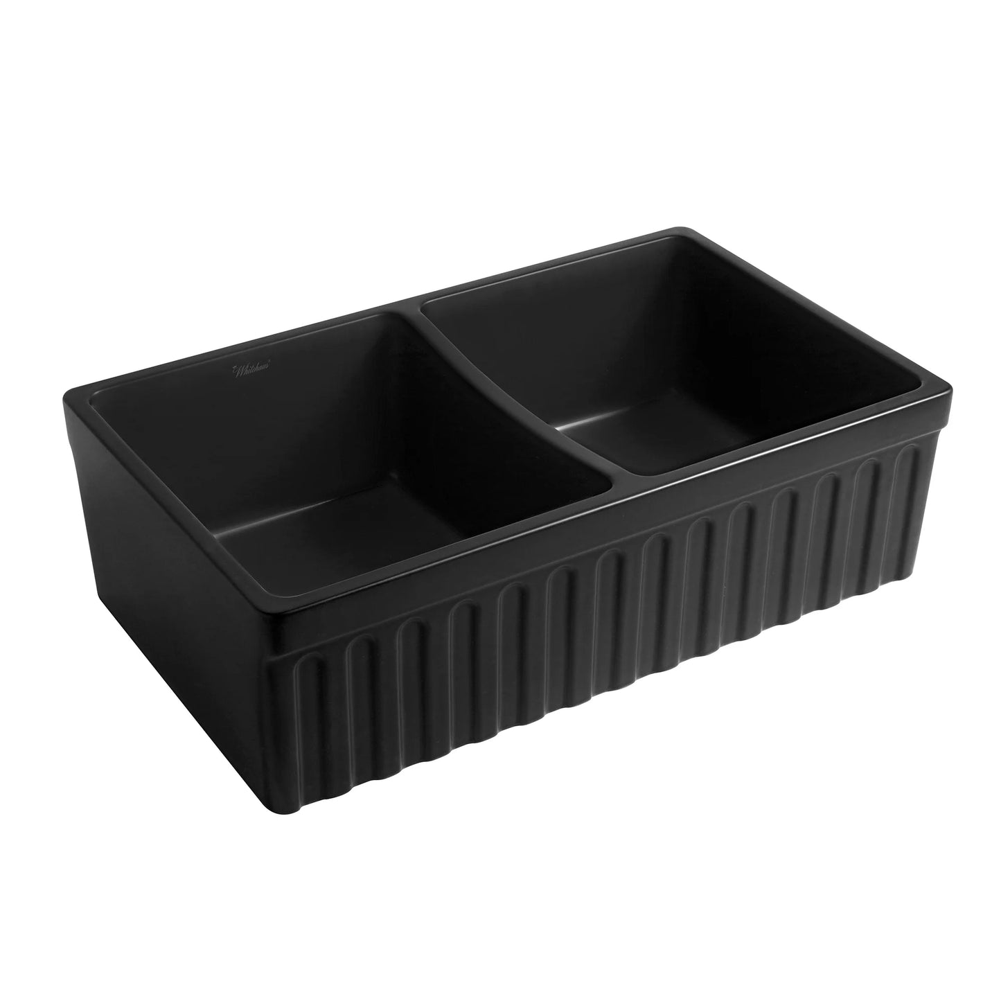 Front view of WHITEHAUS 33" Farmhaus Quatro Alcove Reversible Matte Double Bowl  Fireclay Kitchen Sink WHQDB332 in black.