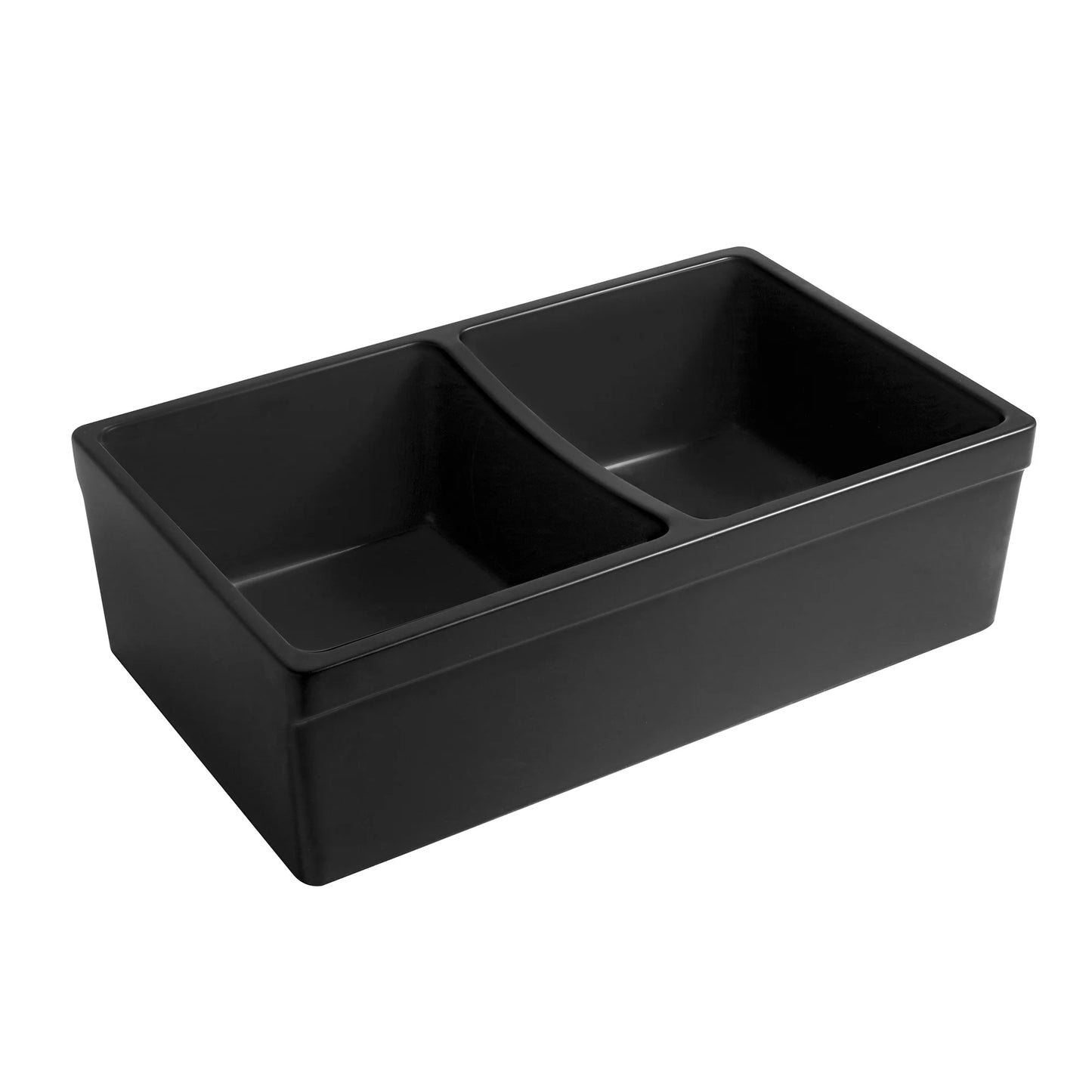 WHITEHAUS 33" Farmhaus Quatro Alcove Reversible Matte Double Bowl  Fireclay Kitchen Sink WHQDB332, shown from the side in black.