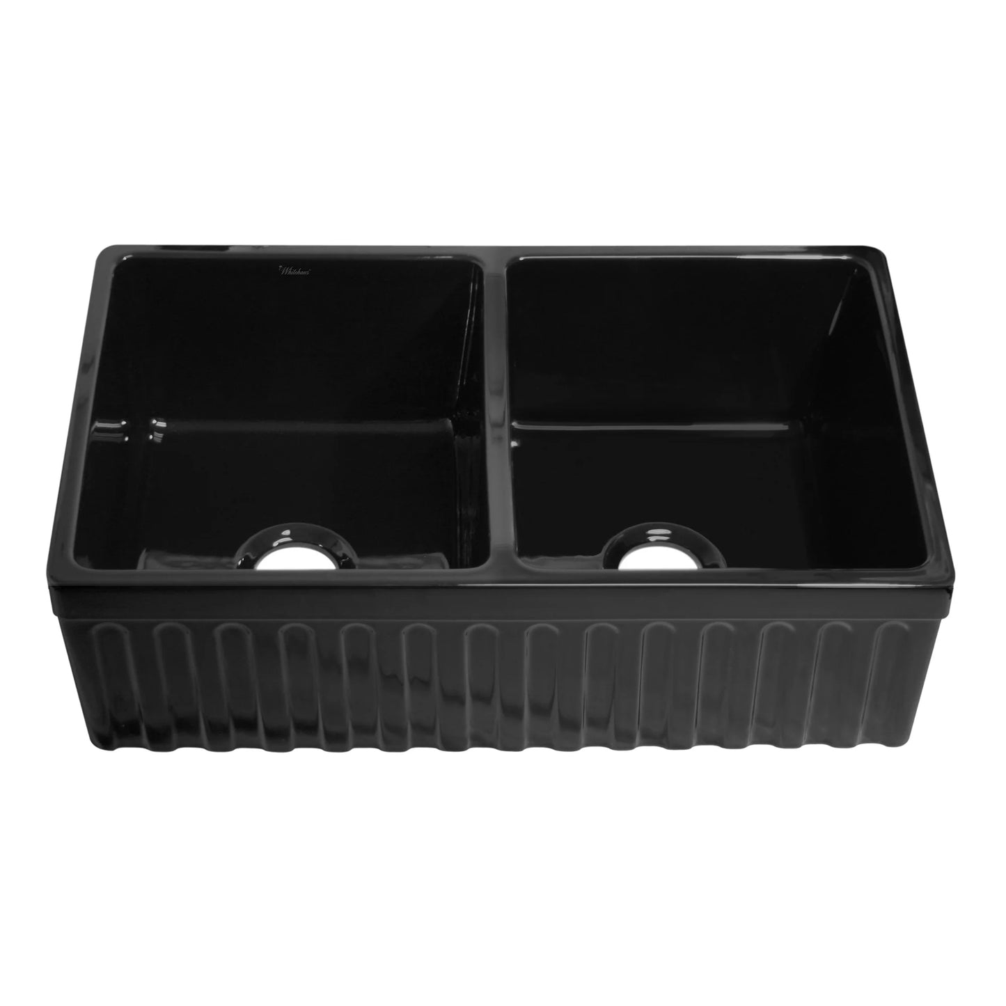 WHITEHAUS 33" Farmhaus Quatro Alcove Reversible Matte Double Bowl  Fireclay Kitchen Sink WHQDB332 in black view from above.