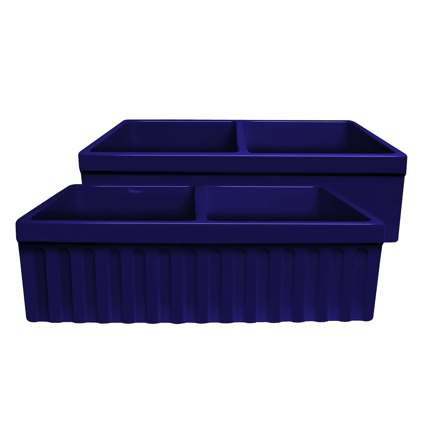 View of WHITEHAUS 33" Farmhaus Quatro Alcove Reversible Matte Double Bowl Fireclay Kitchen Sink WHQDB332 in blue.
