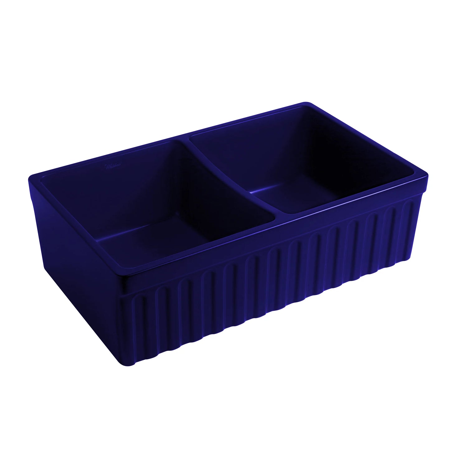 WHITEHAUS 33" Farmhaus Quatro Alcove Reversible Matte Double Bowl  Fireclay Kitchen Sink WHQDB332, side view highlighting deep blue finish.
