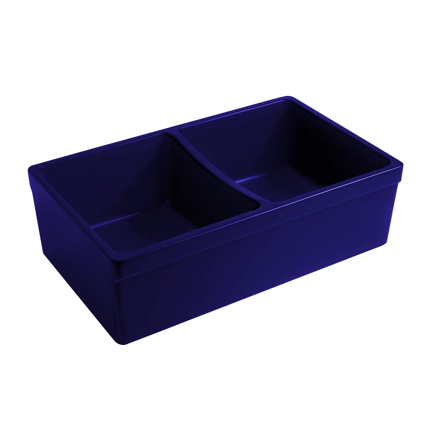 WHITEHAUS 33" Farmhaus Quatro Alcove Reversible Matte Double Bowl Fireclay Kitchen Sink WHQDB332 view from the angle showcasing two deep bowls.