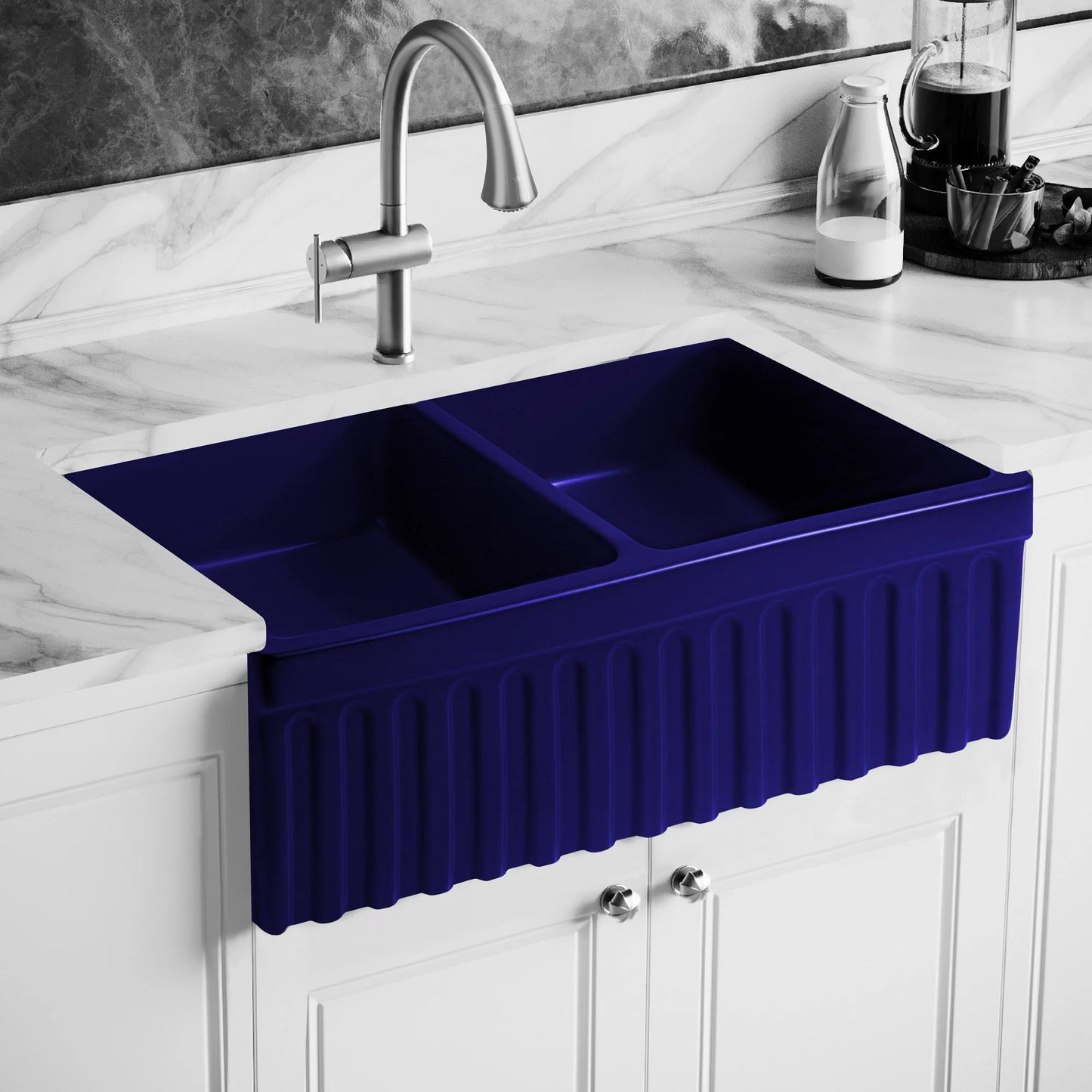 WHITEHAUS 33" Farmhaus Quatro Alcove Reversible Matte Double Bowl Fireclay Kitchen Sink WHQDB332 shown from a front view with a navy blue finish.
