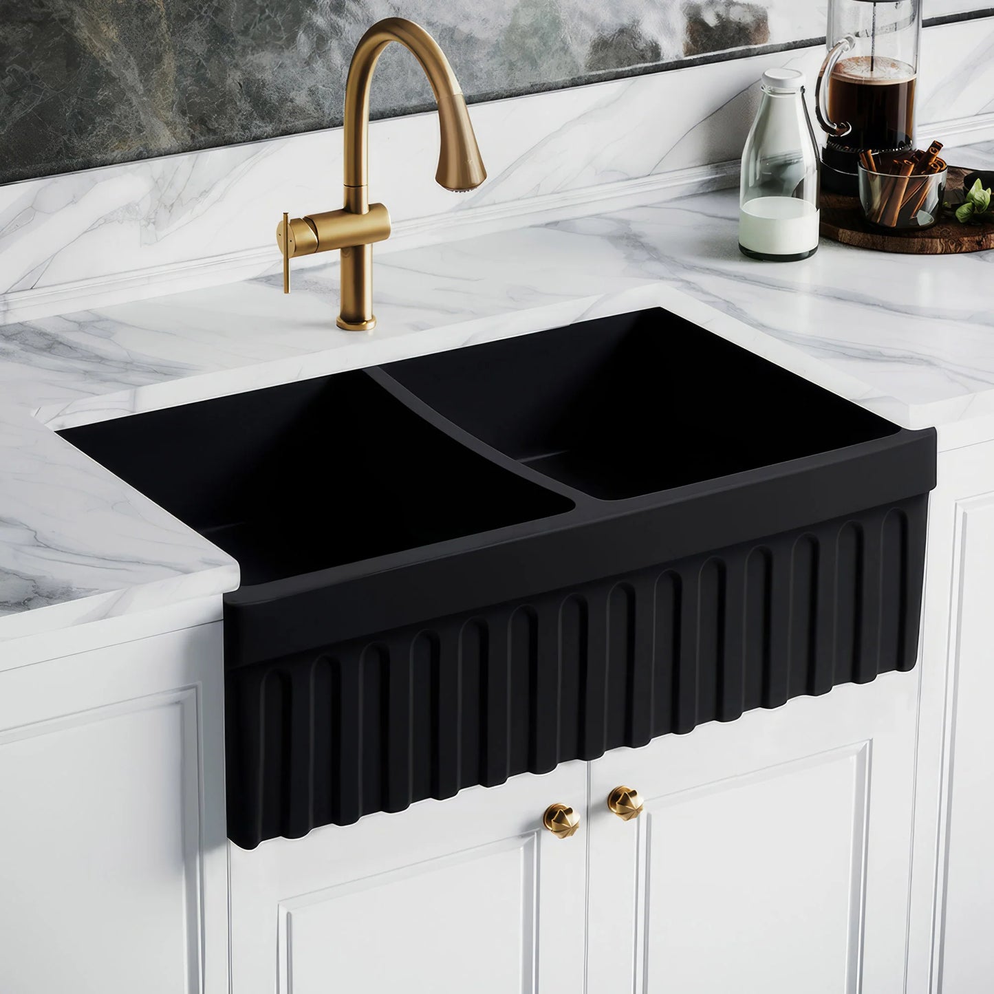 WHITEHAUS 33" Farmhaus Quatro Alcove Reversible Matte Double Bowl Fireclay Kitchen Sink WHQDB332, view of black double bowl sink in kitchen.