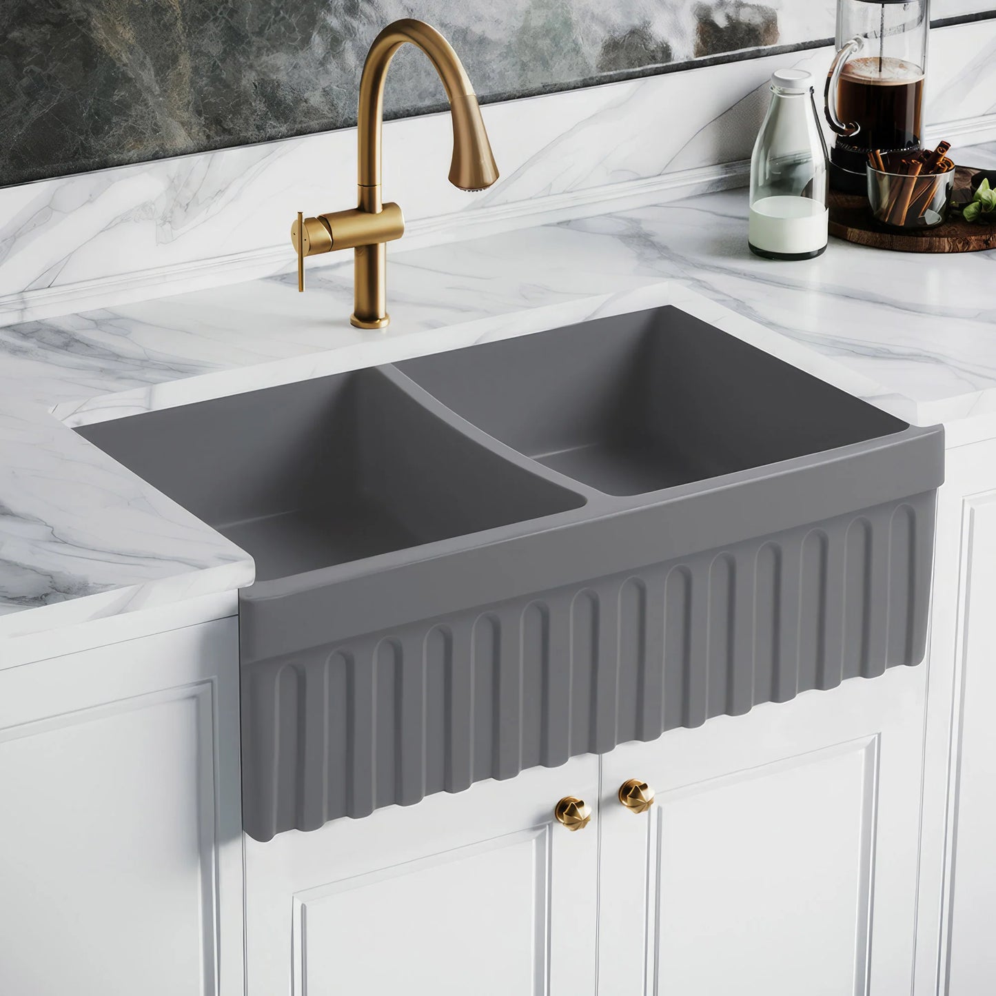 WHITEHAUS 33" Farmhaus Quatro Alcove Reversible Matte Double Bowl Fireclay Kitchen Sink WHQDB332 in grey finish displayed under a stylish faucet.