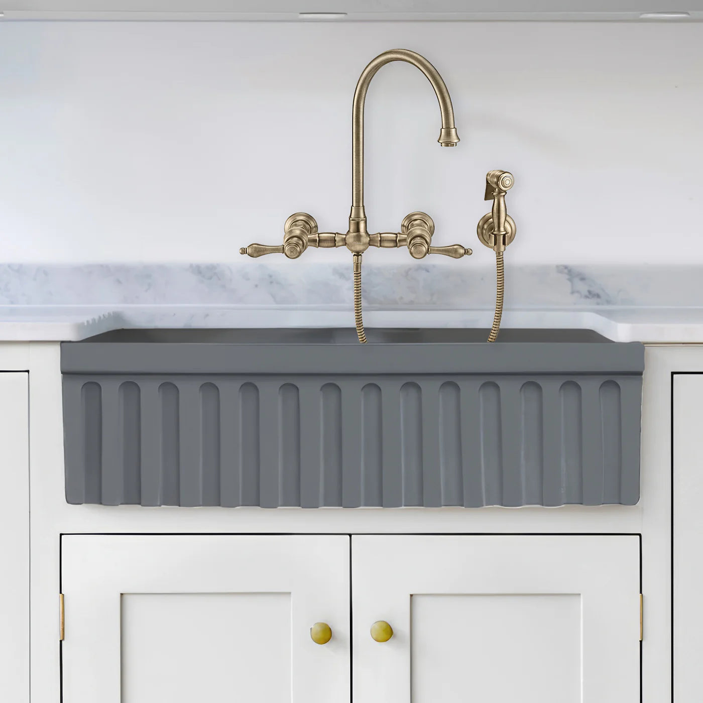 WHITEHAUS 33" Farmhaus Quatro Alcove Reversible Matte Double Bowl Fireclay Kitchen Sink WHQDB332 in gray color.