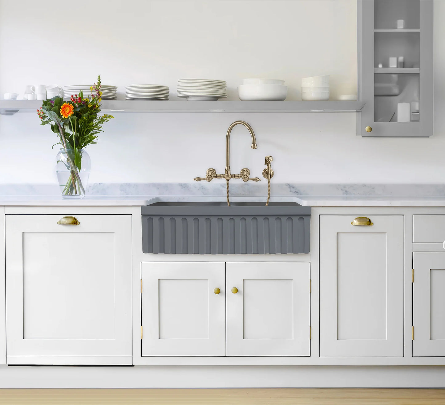 Modern kitchen featuring WHITEHAUS 33" Farmhaus Quatro Alcove Reversible Matte Double Bowl Fireclay Kitchen Sink WHQDB332