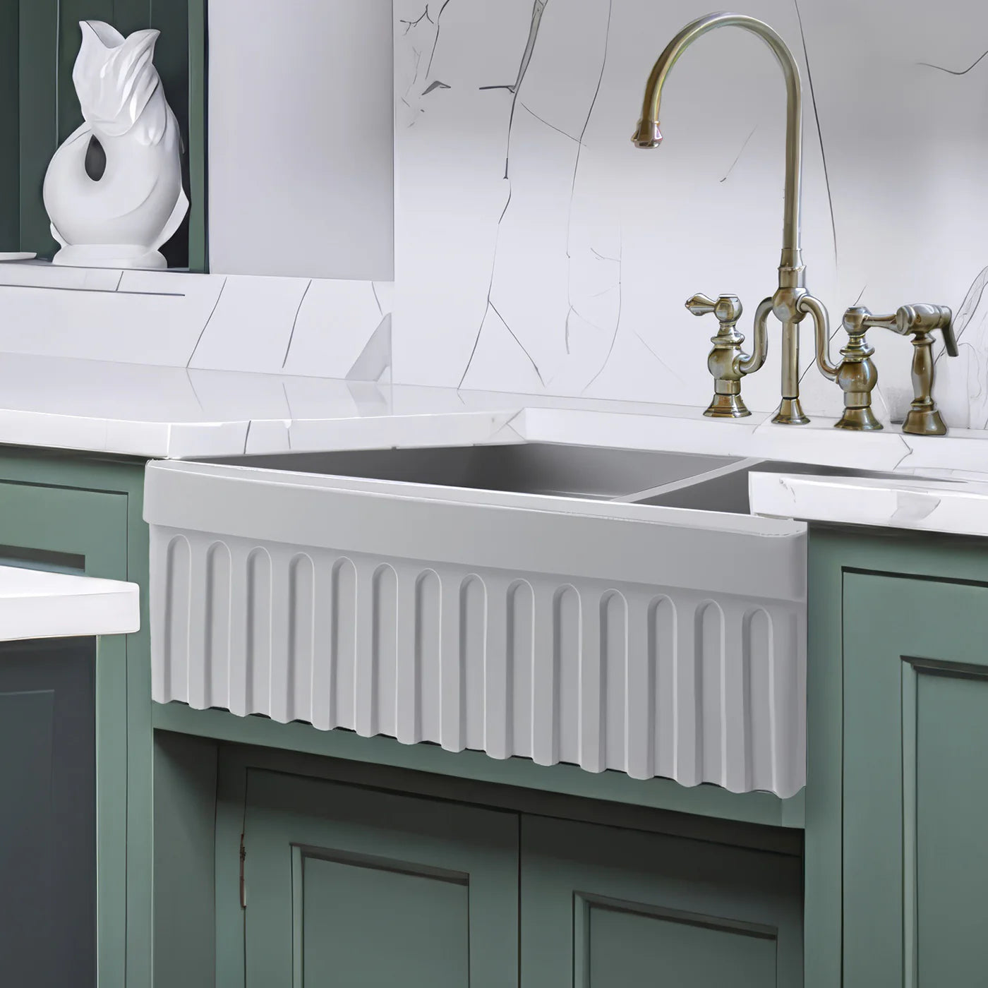 WHITEHAUS 33" Farmhaus Quatro Alcove Reversible Matte Double Bowl Fireclay Kitchen Sink WHQDB332 with stylish faucet