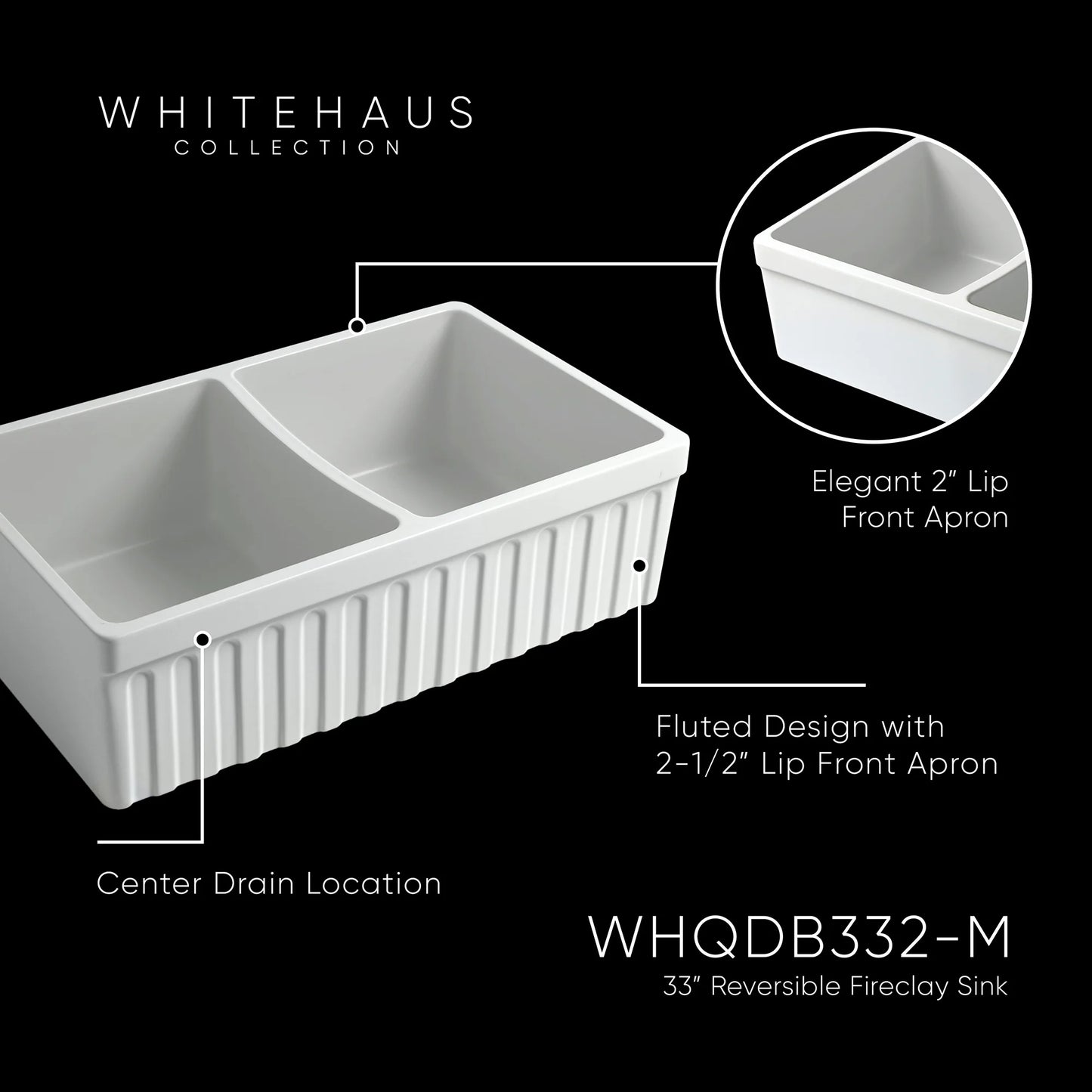 WHITEHAUS 33" Farmhaus Quatro Alcove Reversible Matte Double Bowl Fireclay Kitchen Sink WHQDB332 top view with features labeled.