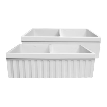 Front view of WHITEHAUS 33" Farmhaus Quatro Alcove Reversible Matte Double Bowl Fireclay Kitchen Sink WHQDB332.
