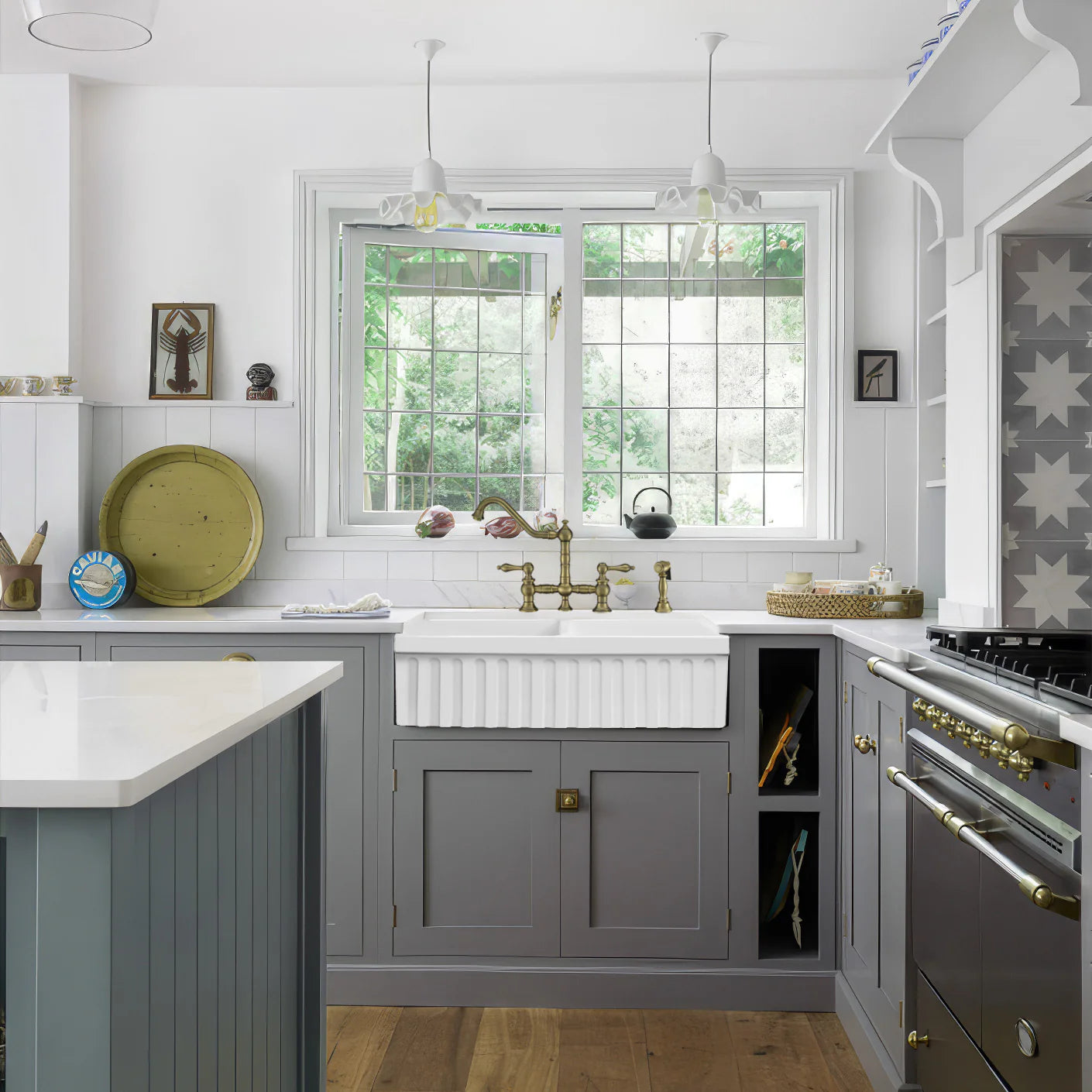 Modern kitchen featuring WHITEHAUS 33" Farmhaus Quatro Alcove Reversible Matte Double Bowl Fireclay Kitchen Sink WHQDB332 with grey cabinetry.