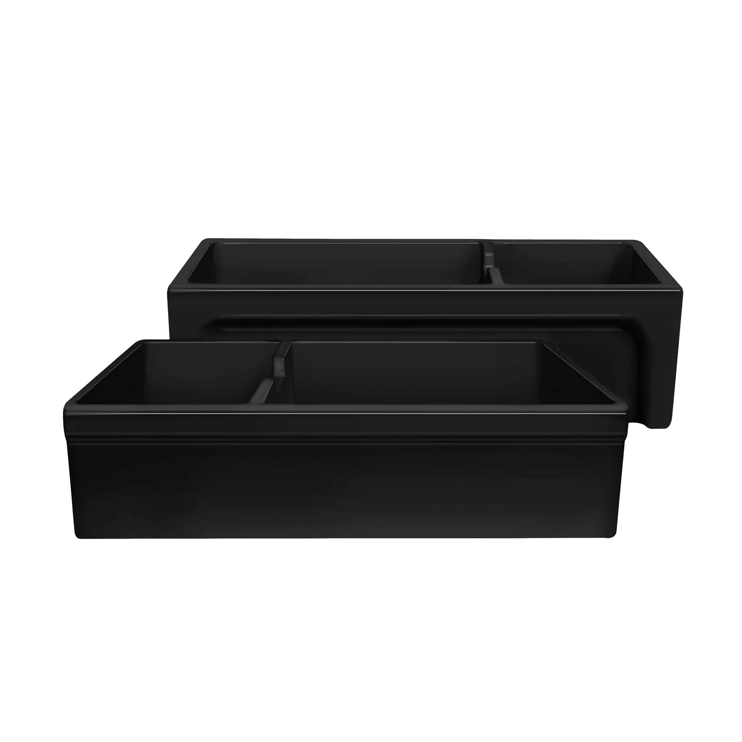 Glencove Fireclay 42" Large Double Bowl  Reversible Sink with Beveled Front Apron in black finish, showcasing two bowls.