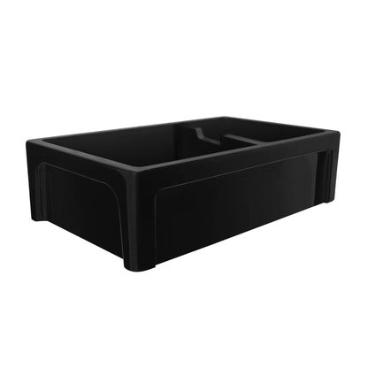 Glencove Fireclay 42" Large Double Bowl  Reversible Sink with Beveled Front Apron in a sleek black finish.