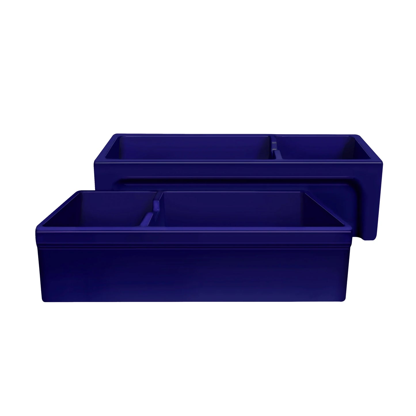 Glencove Fireclay 42" Large Double Bowl  Reversible Sink with Beveled Front Apron displayed in vibrant navy blue color.