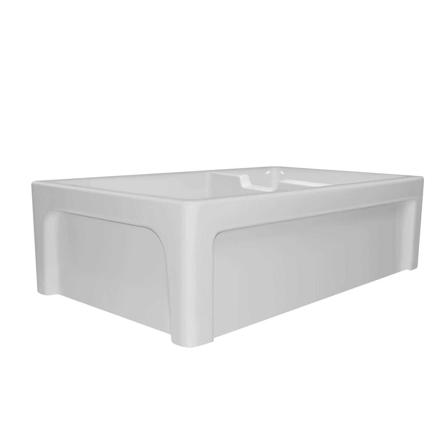 Glencove Fireclay 42" Large Double Bowl  Reversible Sink with Beveled Front Apron in a sleek white finish.