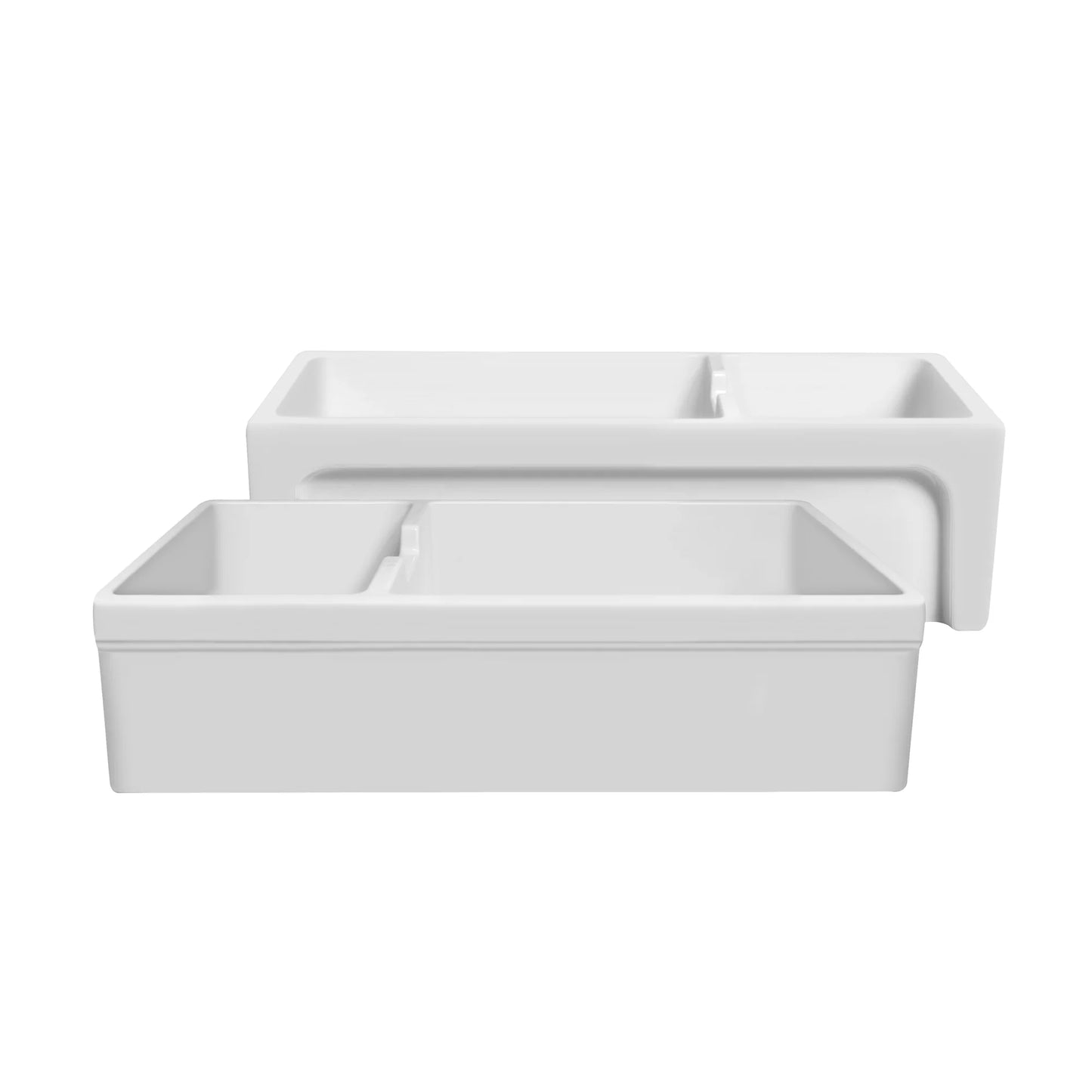 Glencove Fireclay 42" Large Double Bowl  Reversible Sink with Beveled Front Apron showcasing elegant design and durable finish.