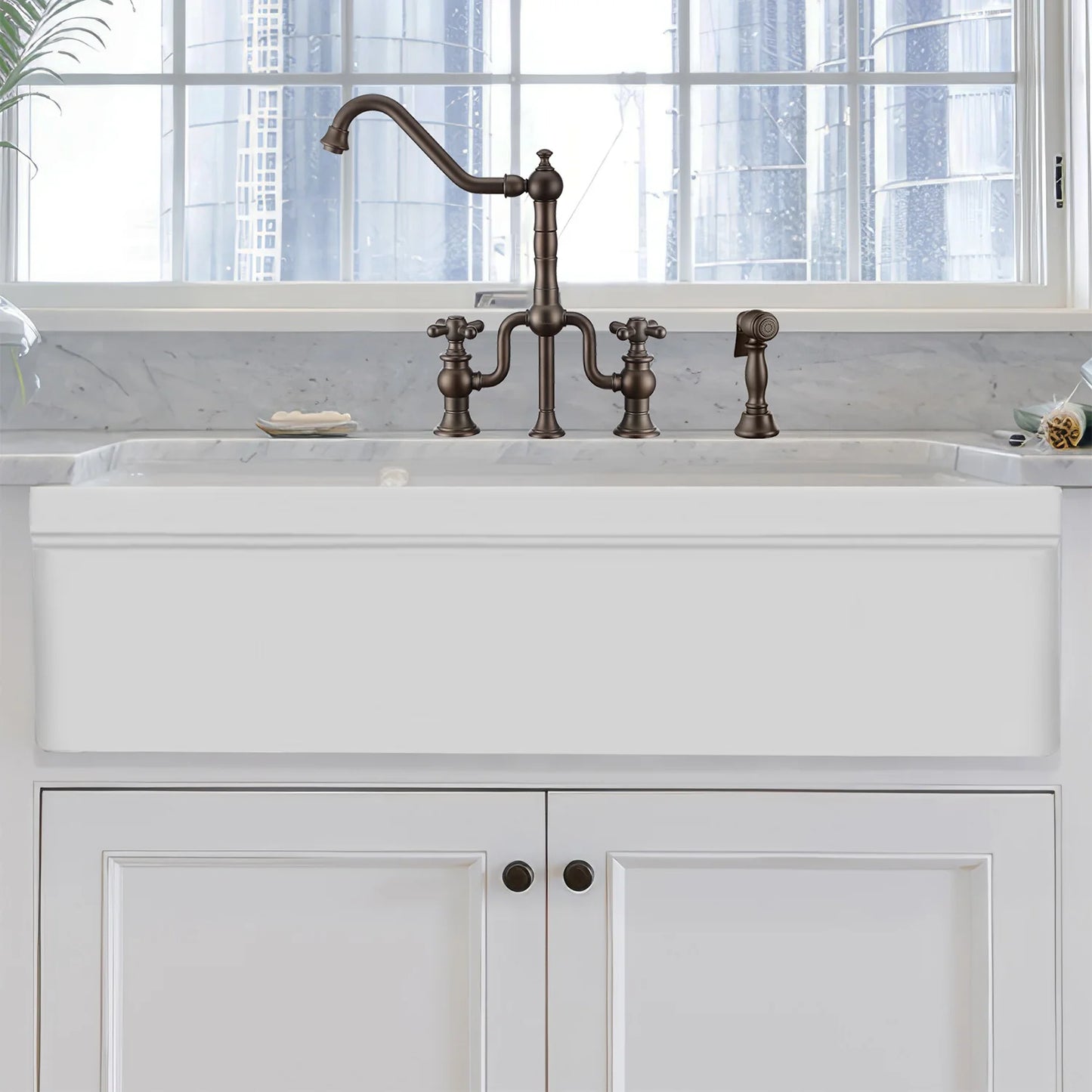 Glencove Fireclay 42" Large Double Bowl  Reversible Sink with Beveled Front Apron in a stylish kitchen setting.