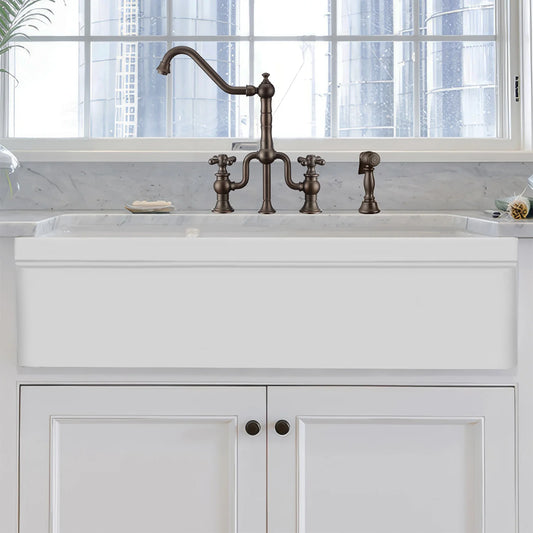 Glencove Fireclay 42" Large Double Bowl  Reversible Sink with Beveled Front Apron in a stylish kitchen setting.