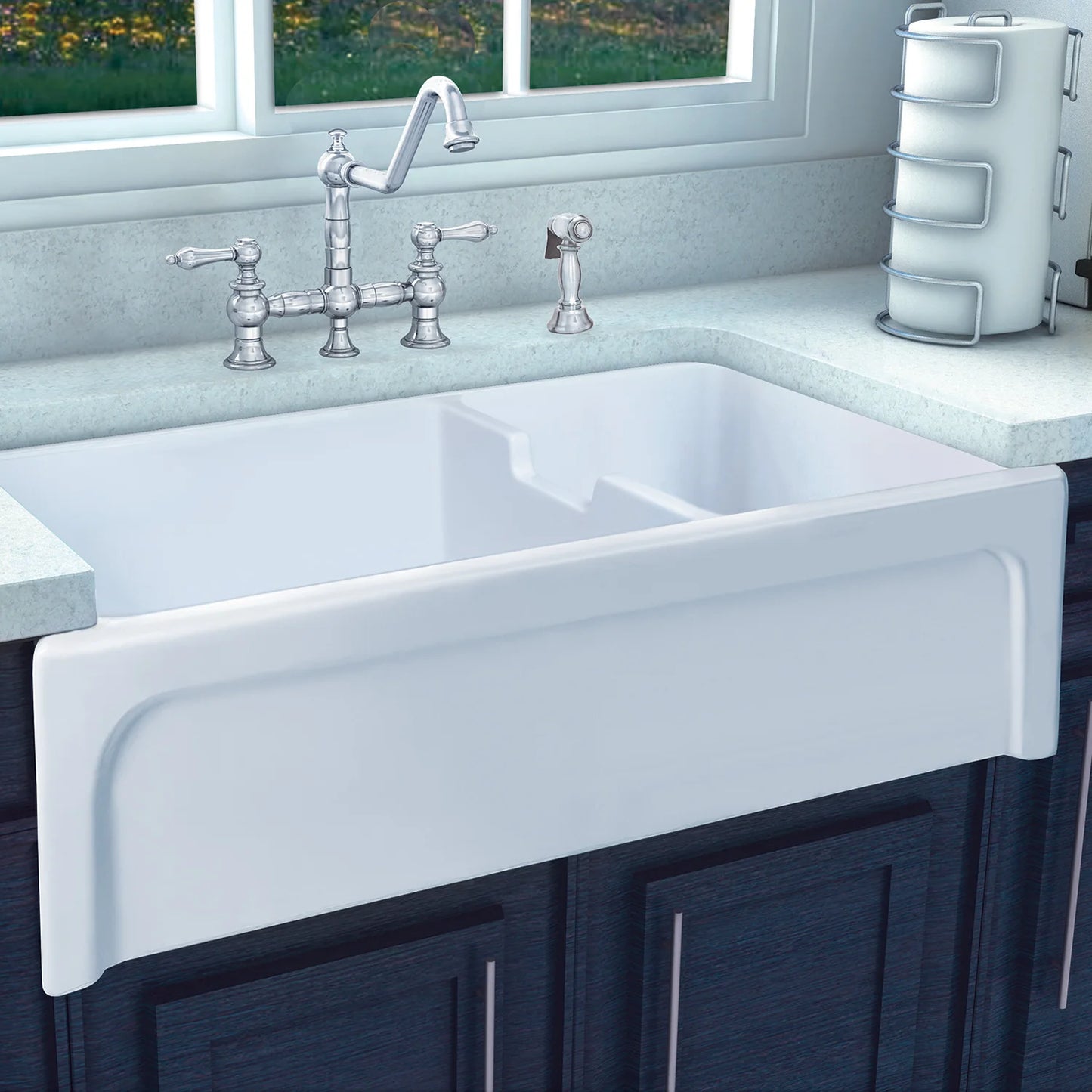 Glencove Fireclay 42" Large Double Bowl Reversible Sink with Beveled Front Apron in a modern kitchen setting.