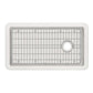 Whitehaus 34" Fireclay offset drain kitchen sink with included stainless steel grid on a white background