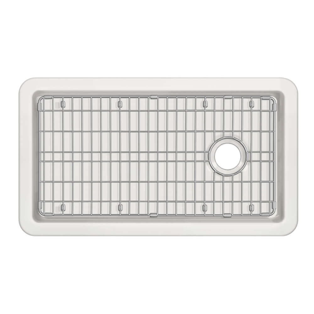 Whitehaus 34" Fireclay offset drain kitchen sink with included stainless steel grid on a white background