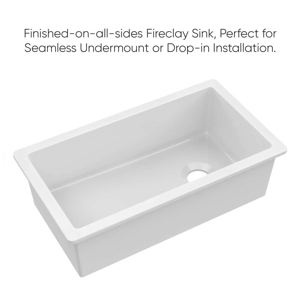 Whitehaus 34" dual mount fireclay sink with features text on a white background