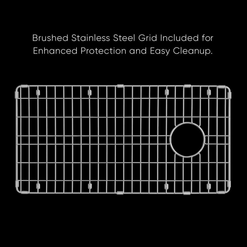 Included brushed stainless steel grid for Whitehaus WHUF3419 fireclay sink on a black background
