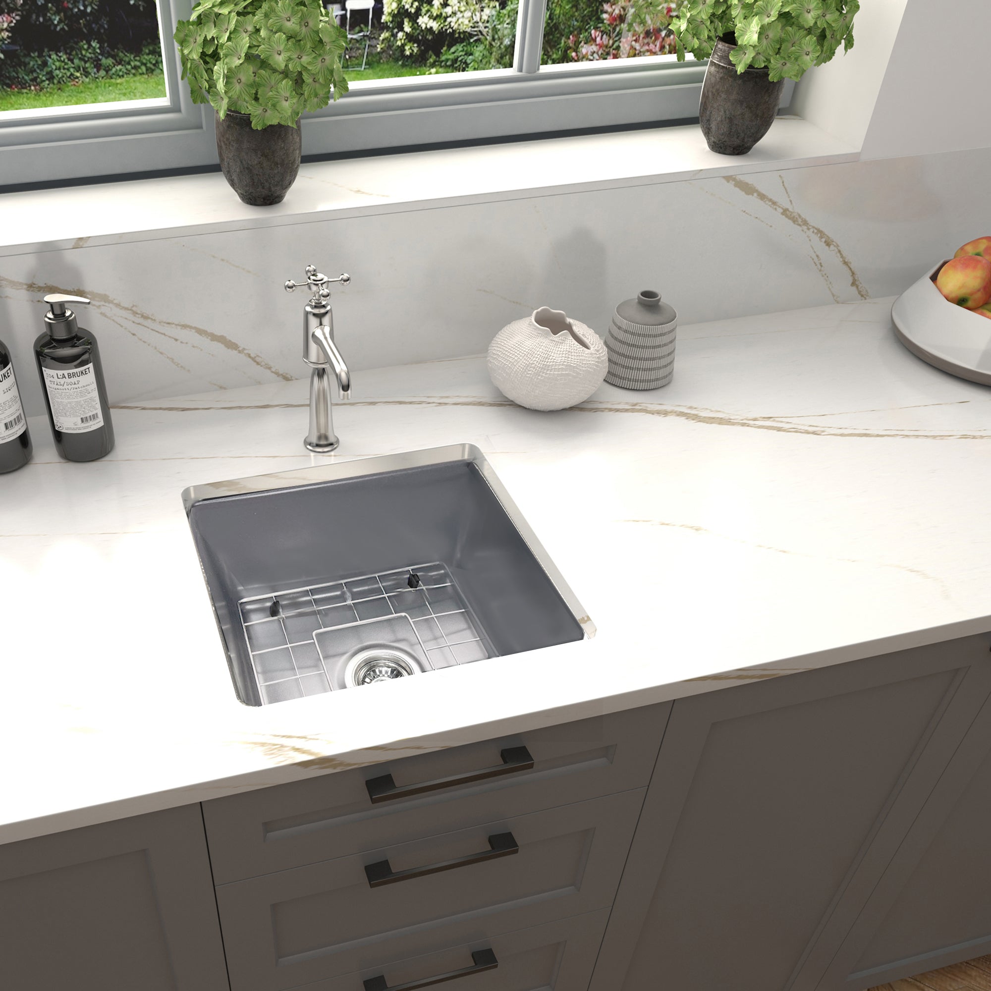 Nantucket Wellfleet-1818GR 18-inch matte grey fireclay sink, installed