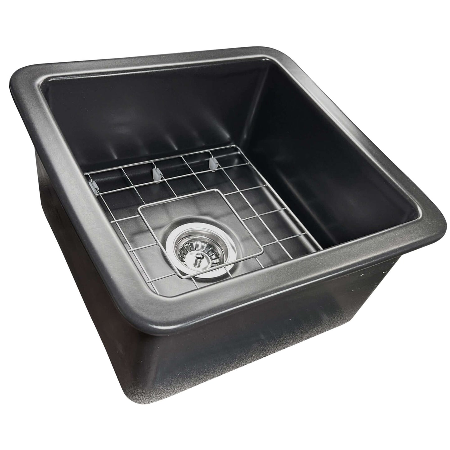 Nantucket 18" Fireclay Kitchen Sink Wellfleet-1818MB in semi-matte black finish with grid and drain.