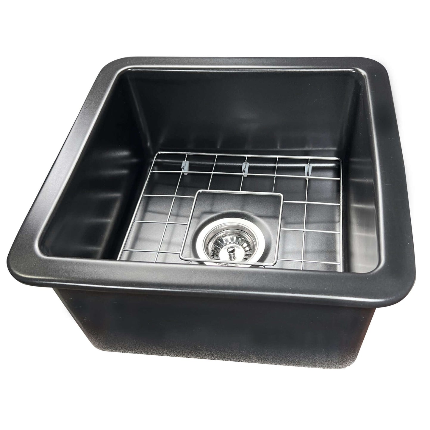 Nantucket 18" Fireclay Kitchen Sink Wellfleet-1818MB with deep basin and grid in semi-matte black finish.