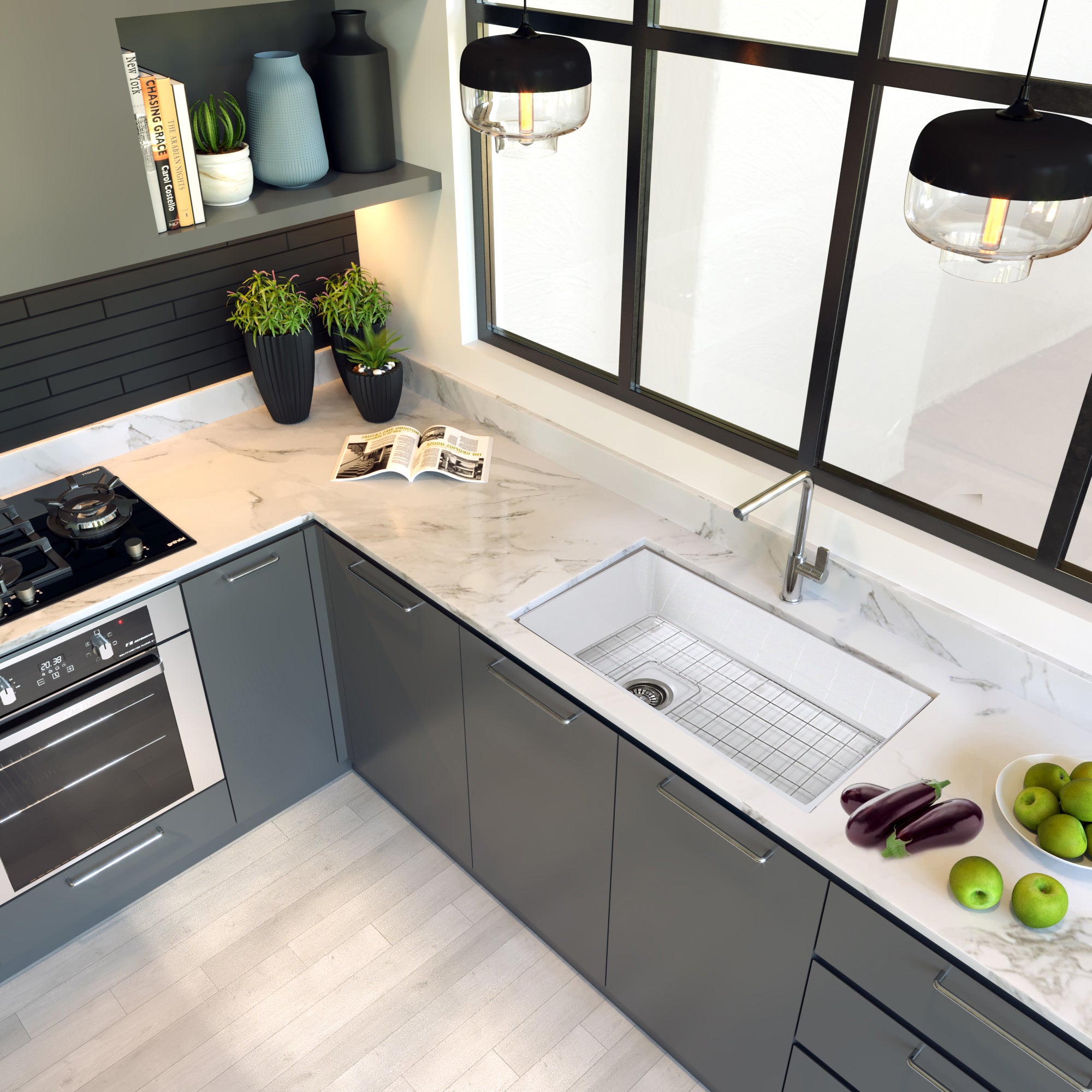 Nantucket Wellfleet-3419W 34-inch white fireclay kitchen sink, installed
