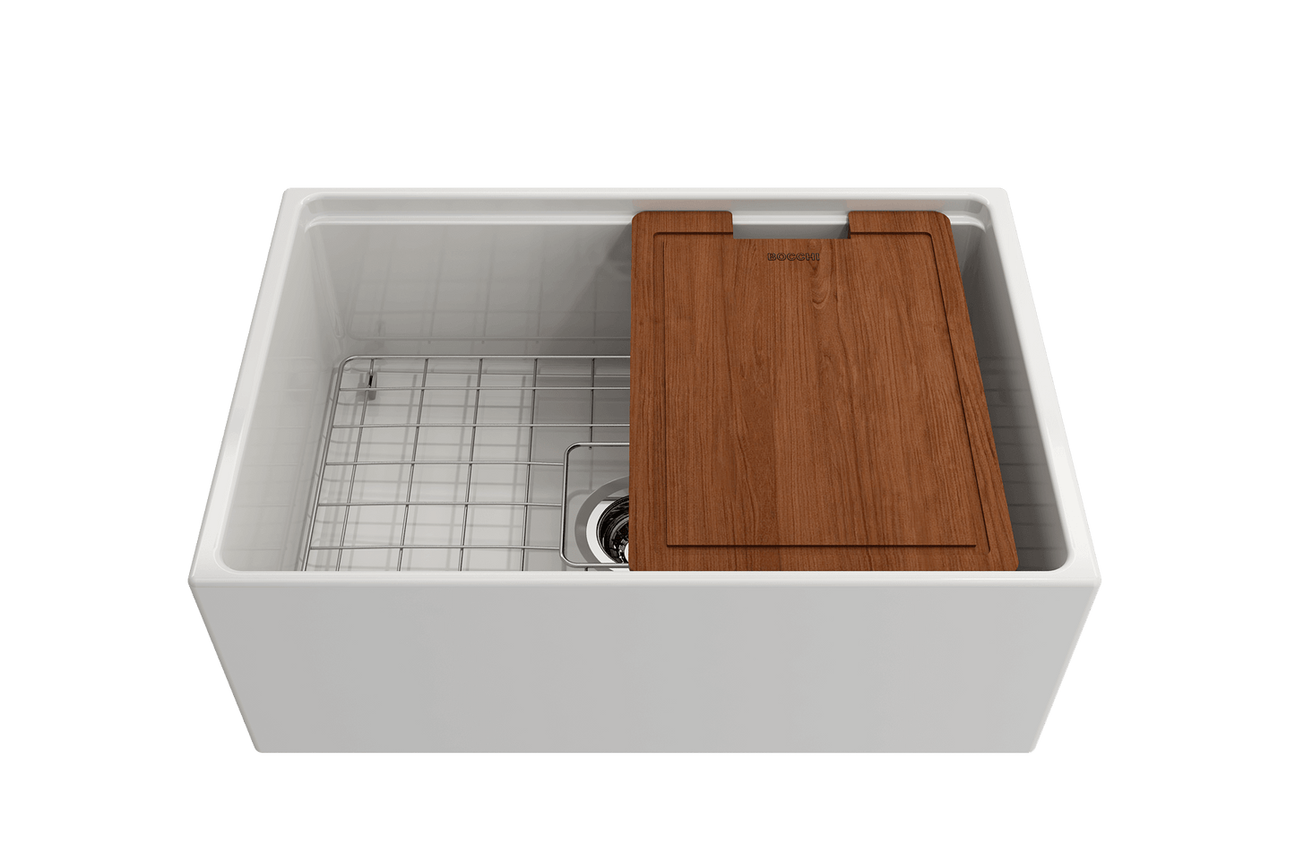 BOCCHI CONTEMPO 27" Fireclay Farmhouse Workstation Kitchen Sink with Accessories featuring wooden cutting board