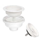 Ruvati kitchen sink drain assembly in white, featuring a removable strainer and stopper for easy cleaning.