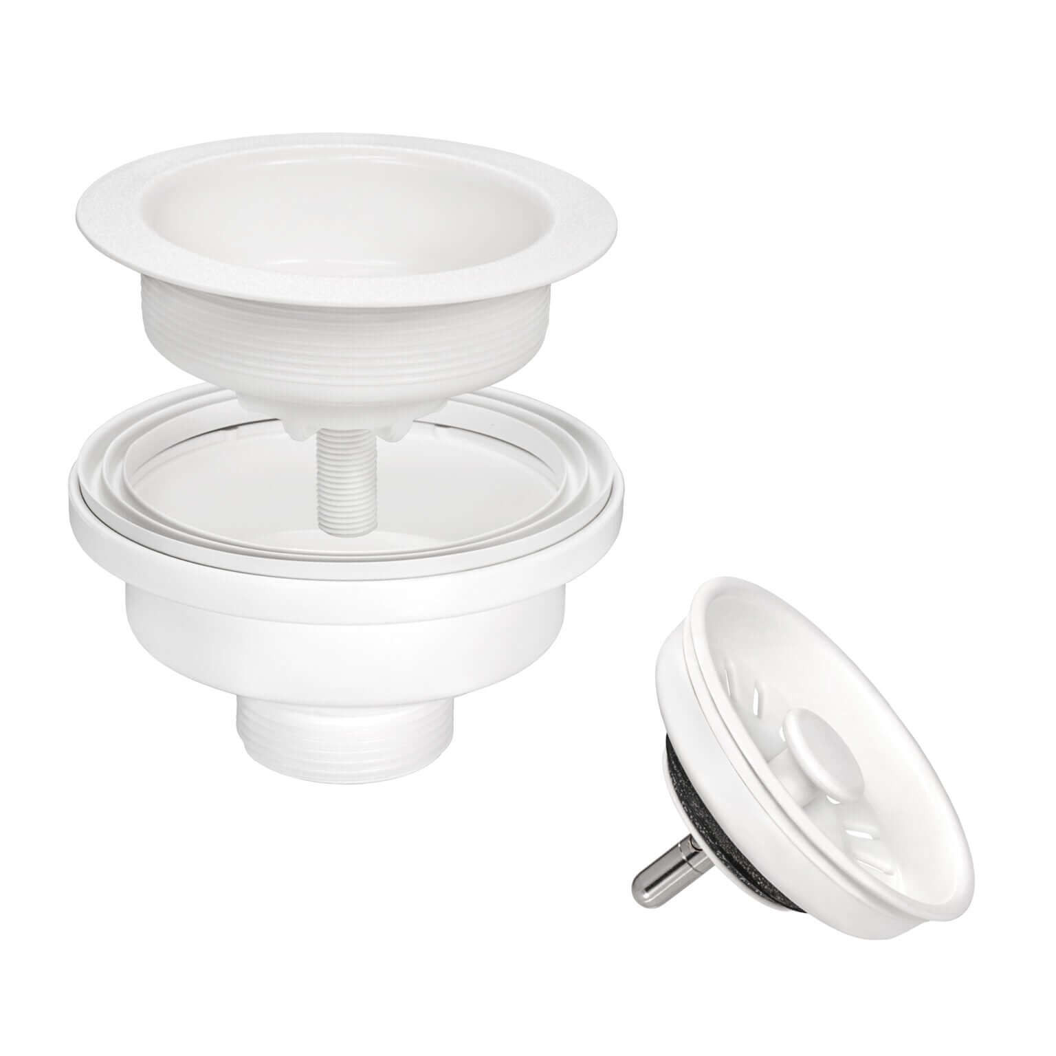 Ruvati kitchen sink drain assembly in white, featuring a removable strainer and stopper for easy cleaning.
